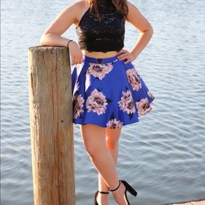 Formal dress black and multi floral blue.